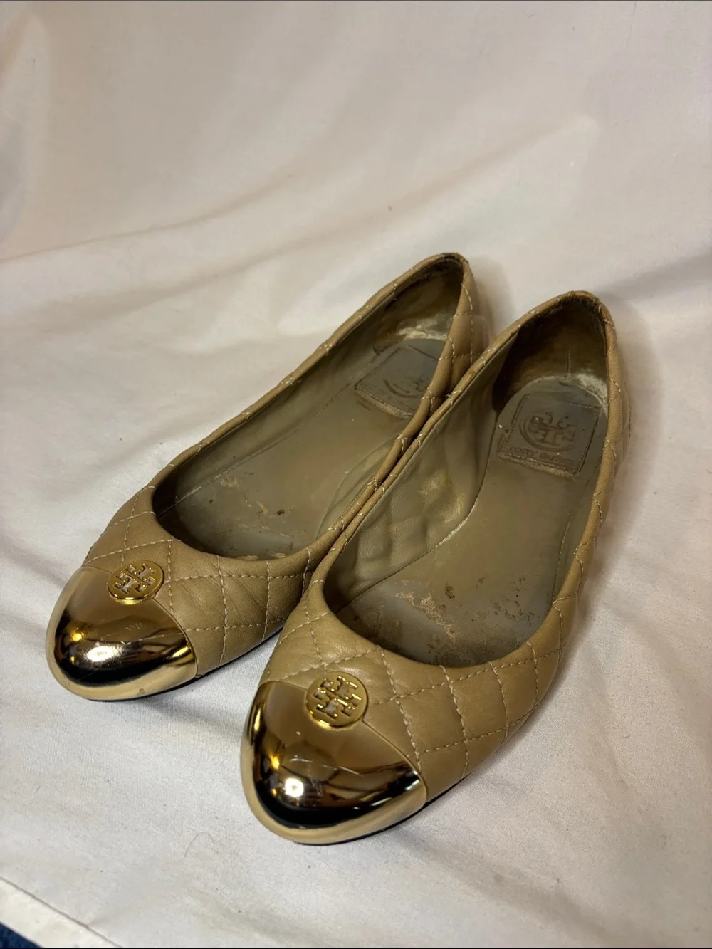 Tory Burch Kaitlin Quilted Tan and Gold Ballet Flats Size 7